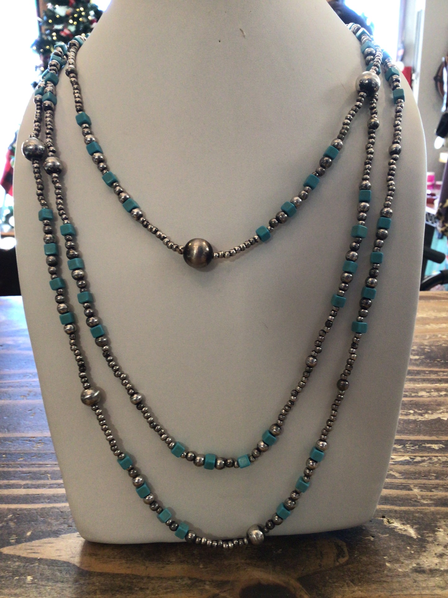 Silver Bead & Turquoise 3Strand Necklace