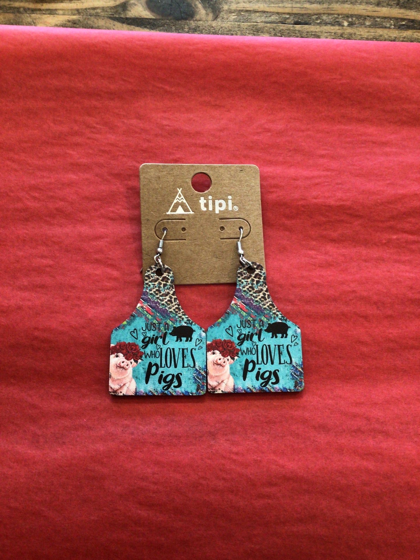 Wood Cow Tag Dangle Earrings