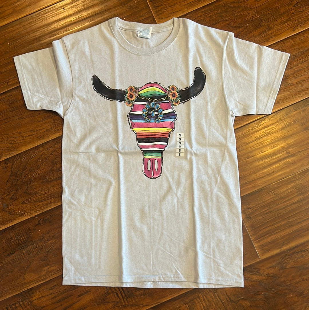 Light Gray Serape/Floral Cow Skull T-Shirt