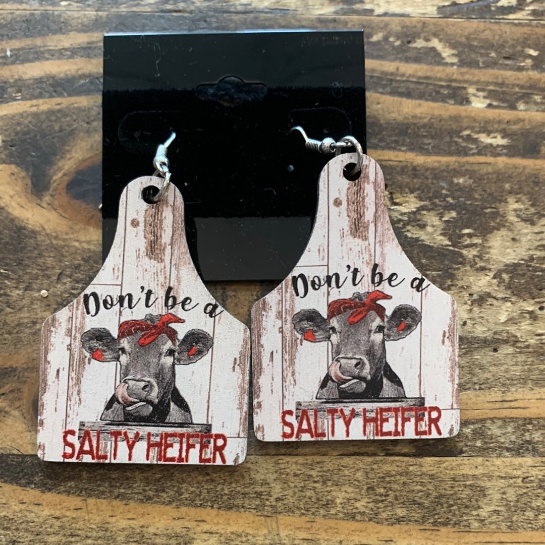 Wood Cow Tag Dangle Earrings