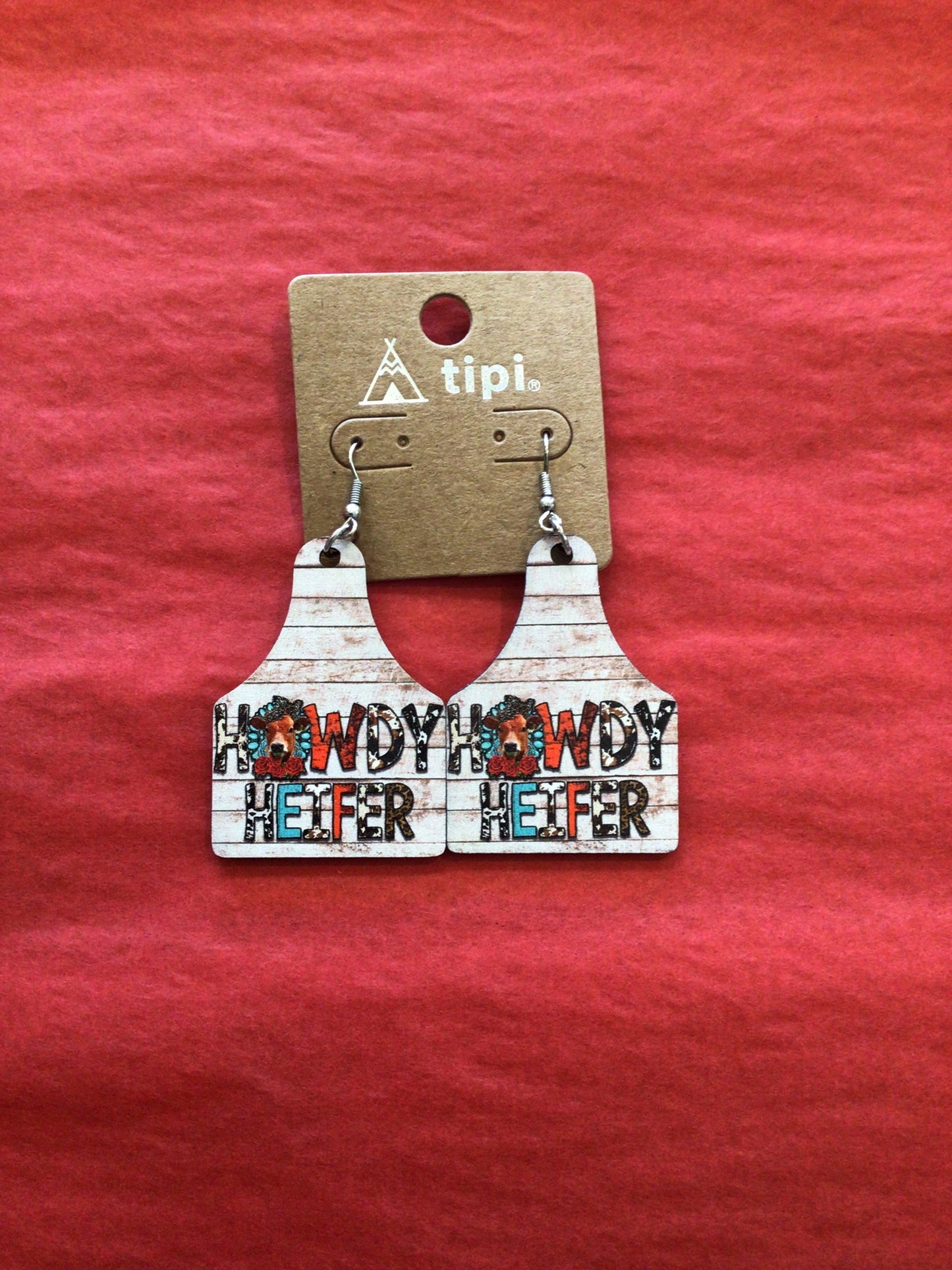 Wood Cow Tag Dangle Earrings