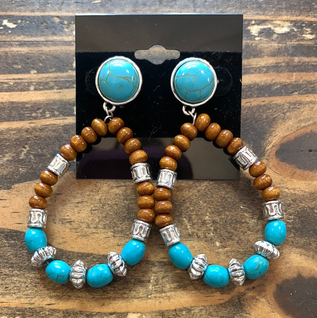 Turquoise/Wood Bead Stud Dangle ER
