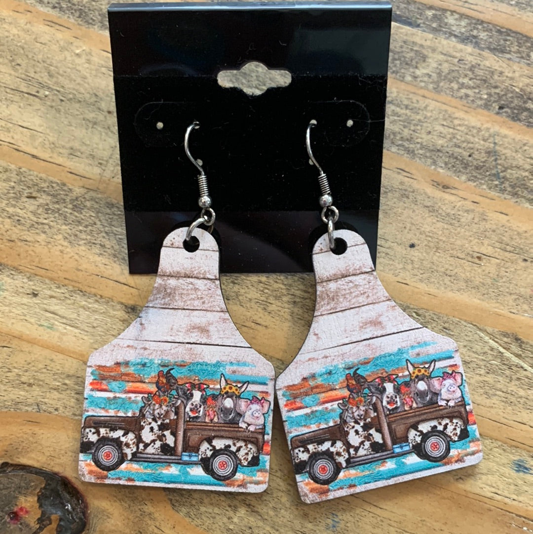 Wood Cow Tag Dangle Earrings