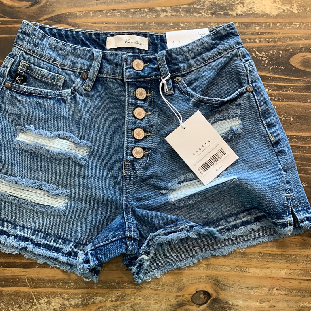High Rise Exposed Button Hem Shorts