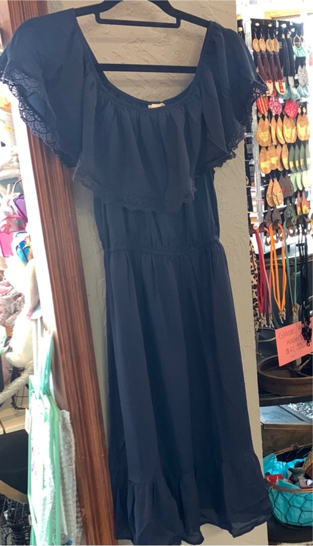 Navy Bardot Neck Lace Trimmed Ruffle Dress
