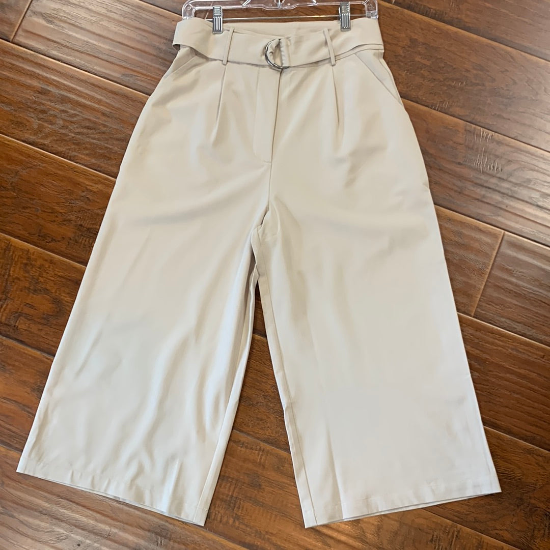Beige Belted Wide Leg Pants