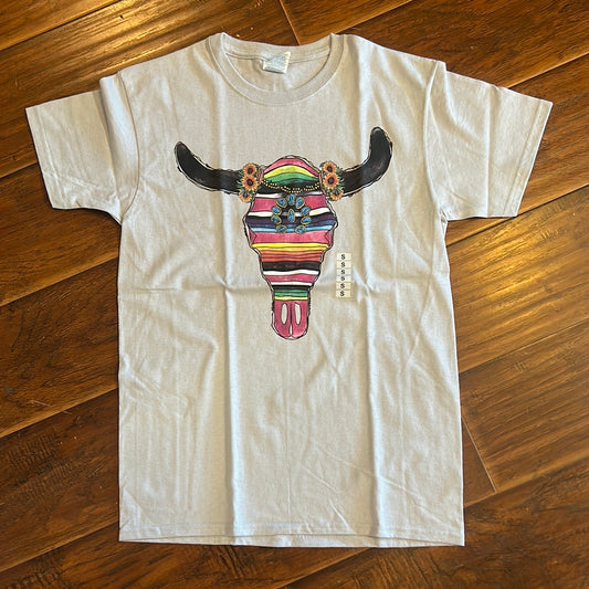 Light Gray Serape/Floral Cow Skull T-Shirt