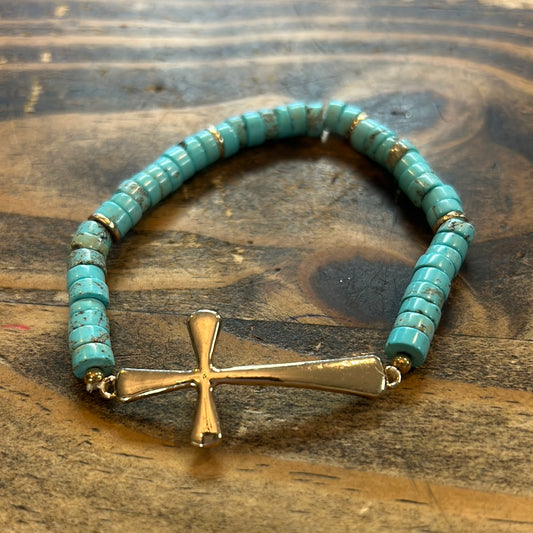 Silver Cross Turquoise Beaded Bracelet