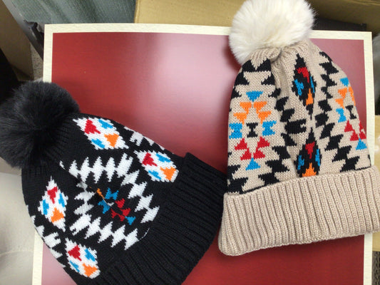 Multi Colored - Lined Beanie Pom Hat