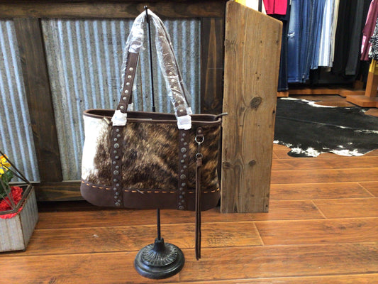 Brown with white cowhide purse with Fringe Large