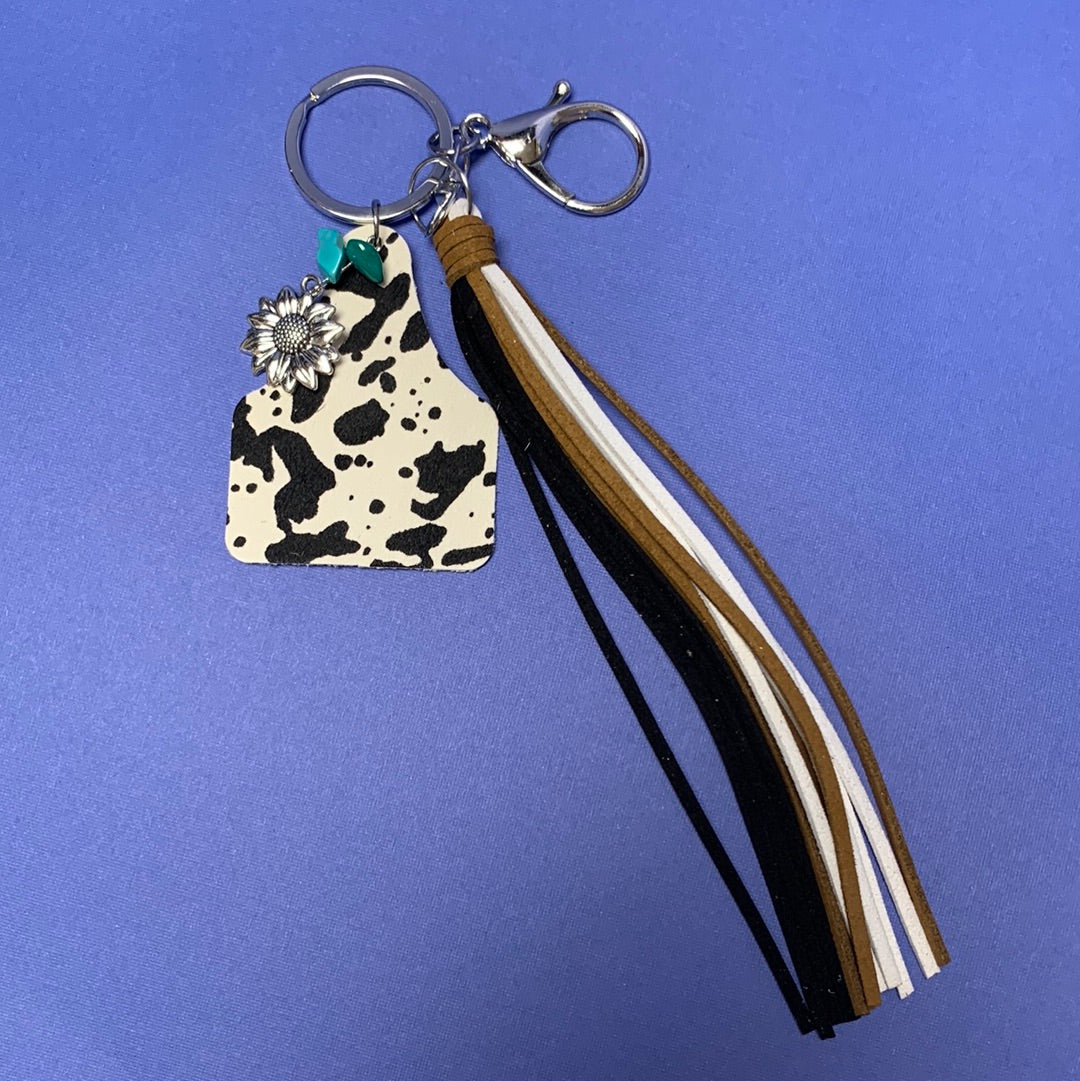 Leather Cow Tag Fringe Keychain