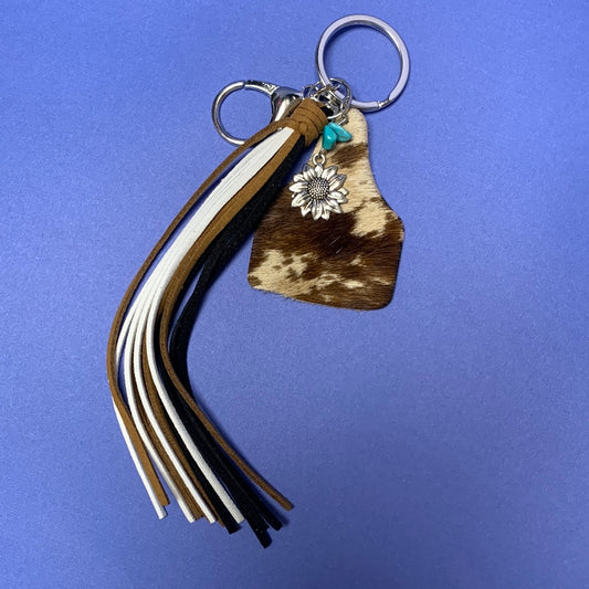 Leather Cow Tag Fringe Keychain