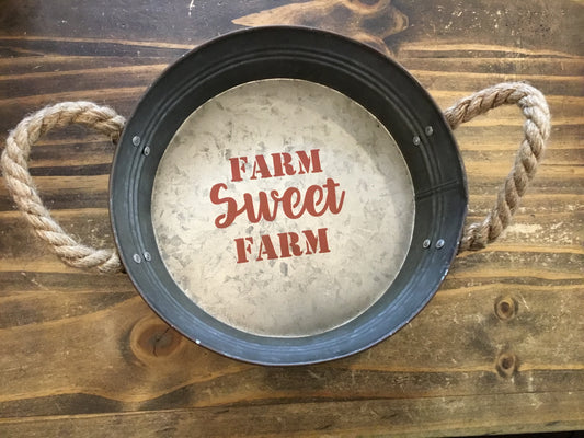 Farm Sweet Farm Small Round Tray Rope Handles