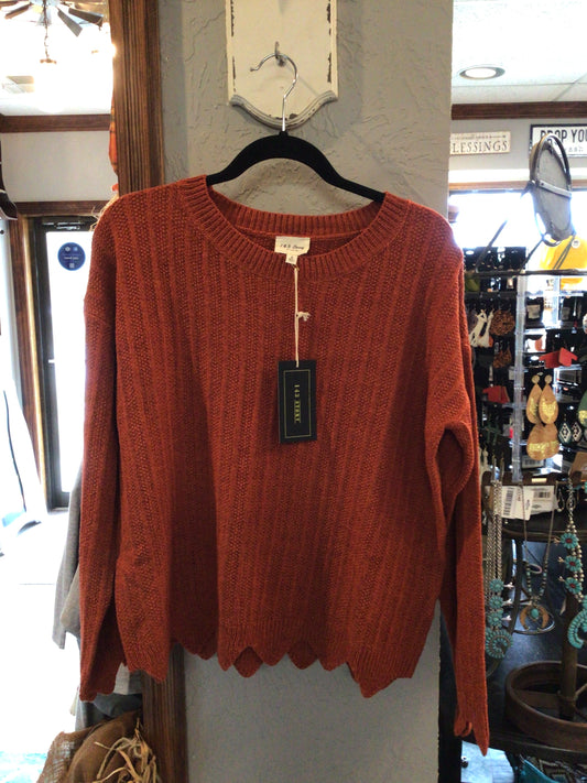 Burnt Orange Pointelle Ribbed Sweater