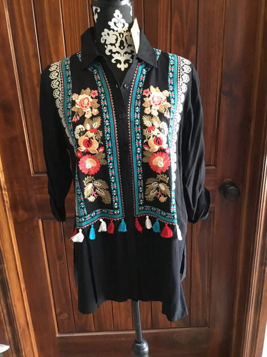 Andree Black Embroidered Top w/ Tassle
