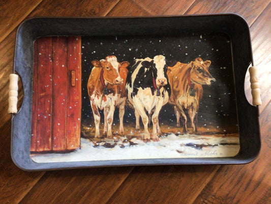 Cows In Snowy Barnyard Tray