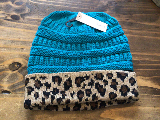 K&B Teal Leopard Messy Beanie