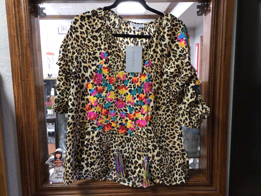 Floral Embroided Animal Print Blouse
