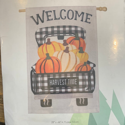Pumpkin Plaid Truck House Burlap Flg