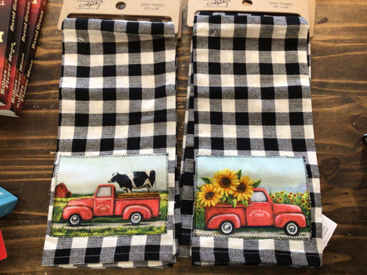 Black/White Check Red Truck Tea towel