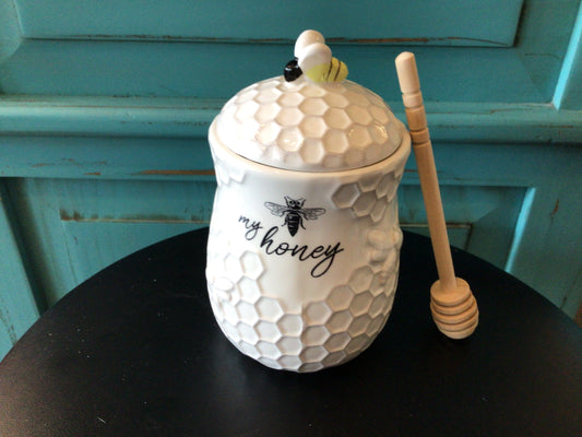 Ceramic Honey Jar with Wood Dipper