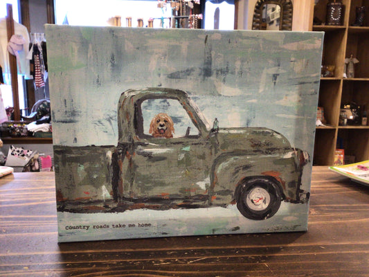 Dog In Green Truck Canvas