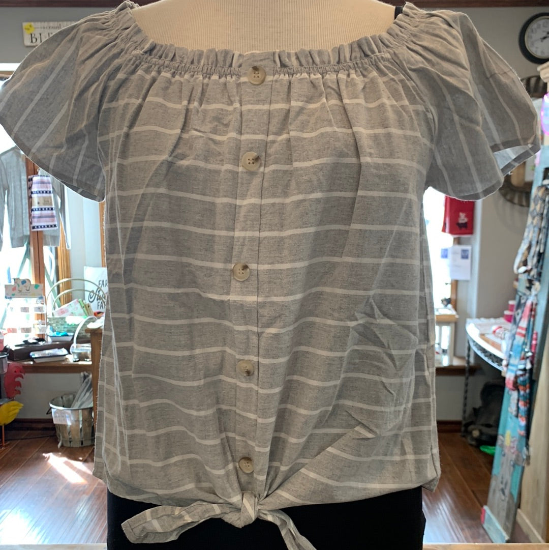 Gray Tie Front BD Off Shoulder Top