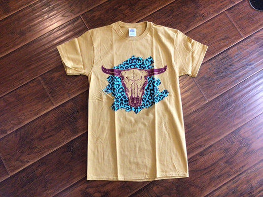 Mustard CowSkull Leopard T-Shirt