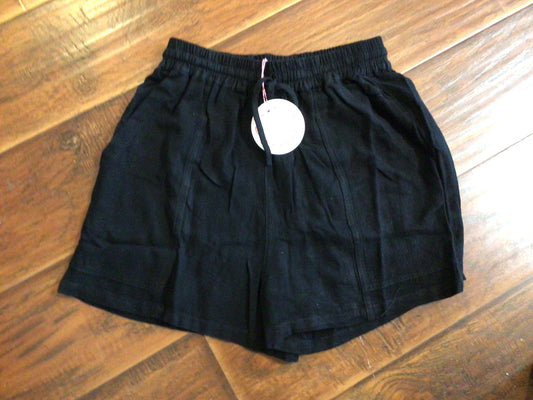 Black Linen Blend Elastic Shorts