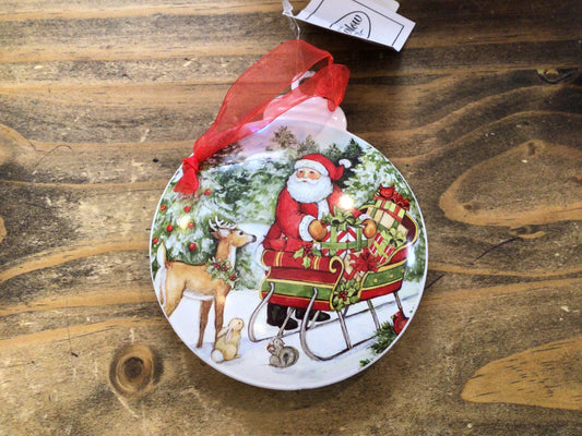 Santa With Sleigh Glass Ornament